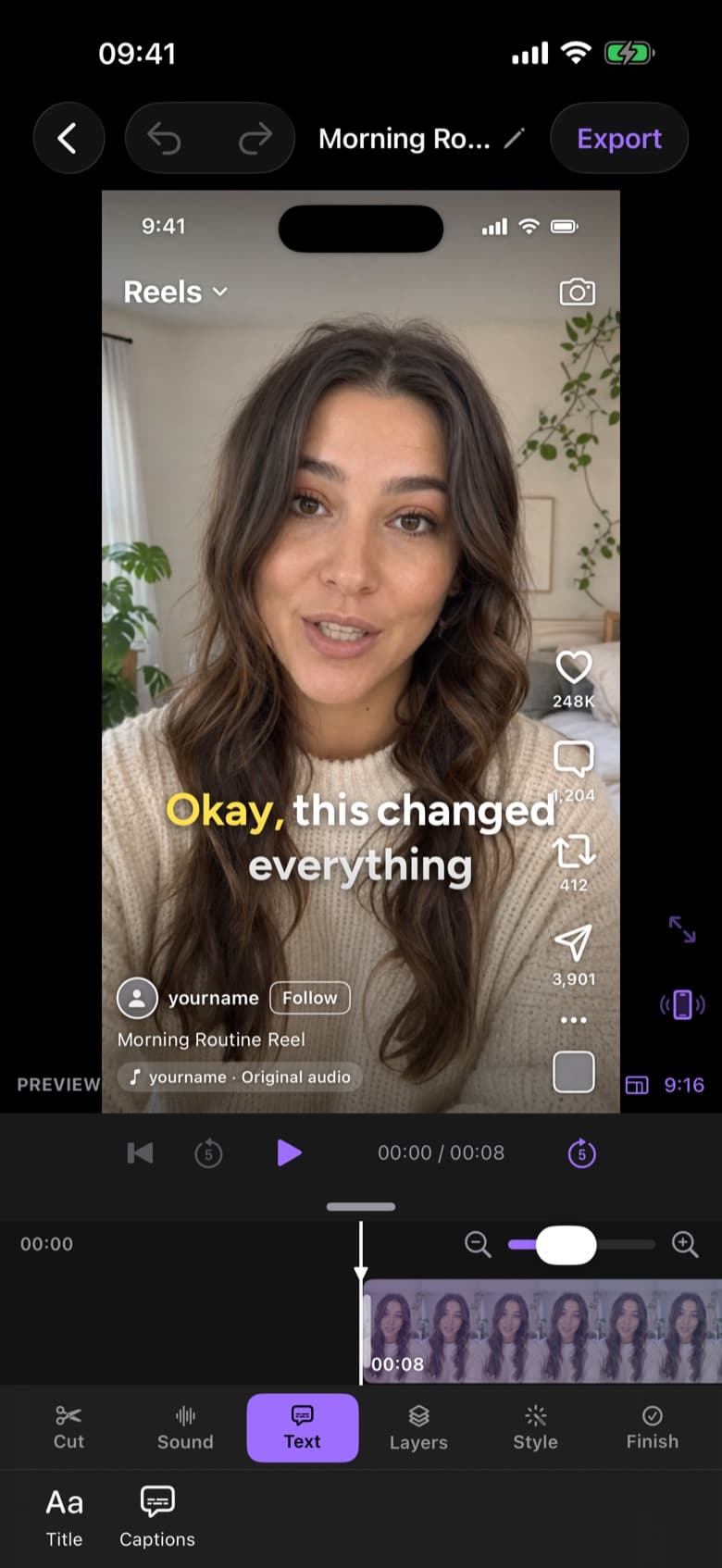ByeCut live Reels preview showing how the video will look in the feed before posting