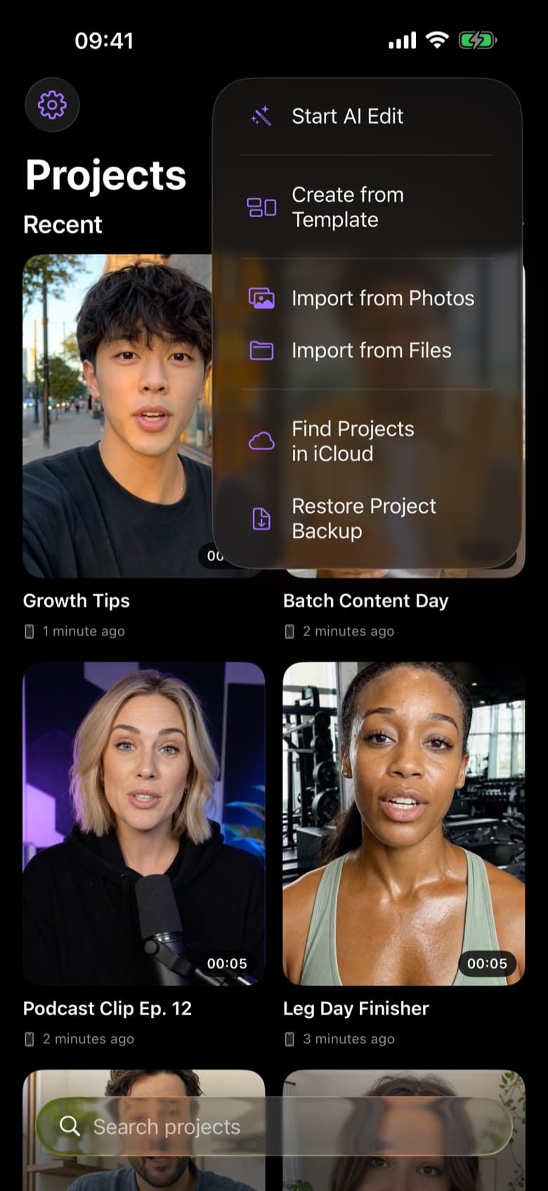 ByeCut new project menu: Start AI Edit, create from template, import from Photos or Files