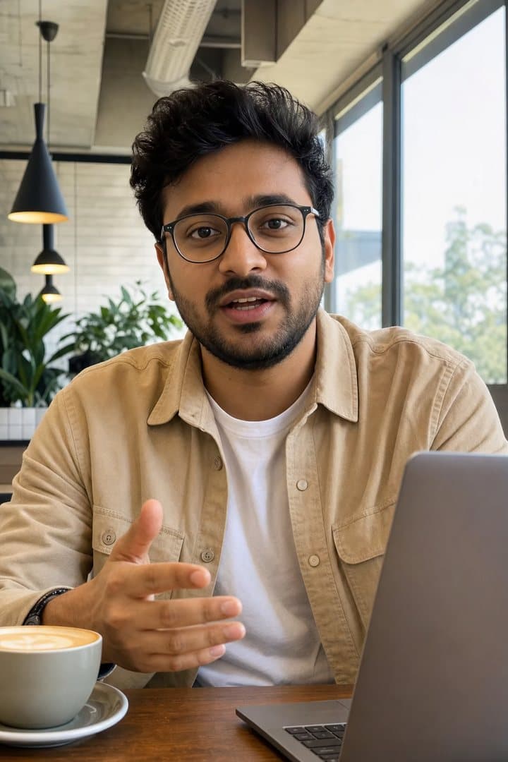 Creator filming a UGC product video with his laptop in a café