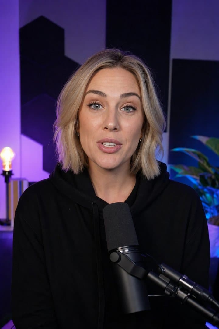 Podcast host talking into a microphone